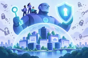 巨人の肩に乗って、ID とシステムを守る開発チームのイラスト